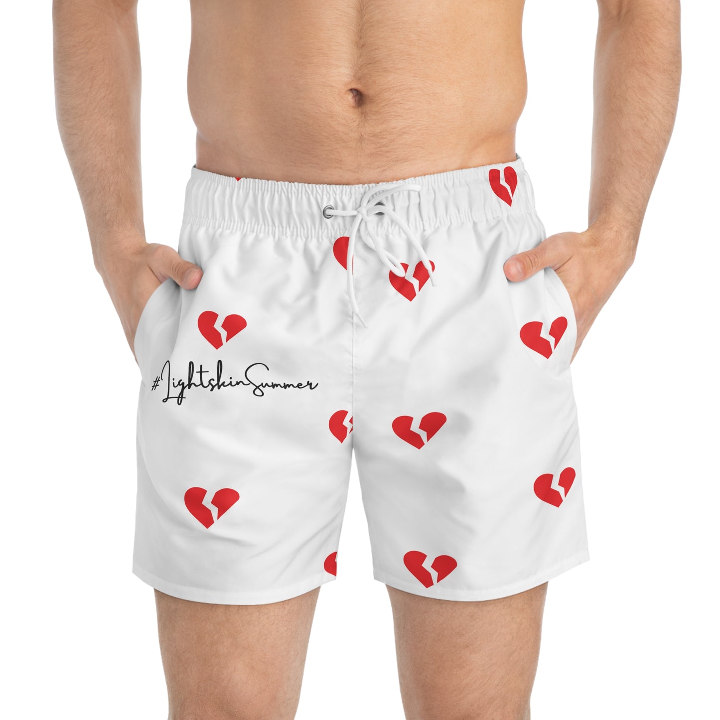 Heartbreak #LightSkinSummer Swim Trunks | White/Red Style