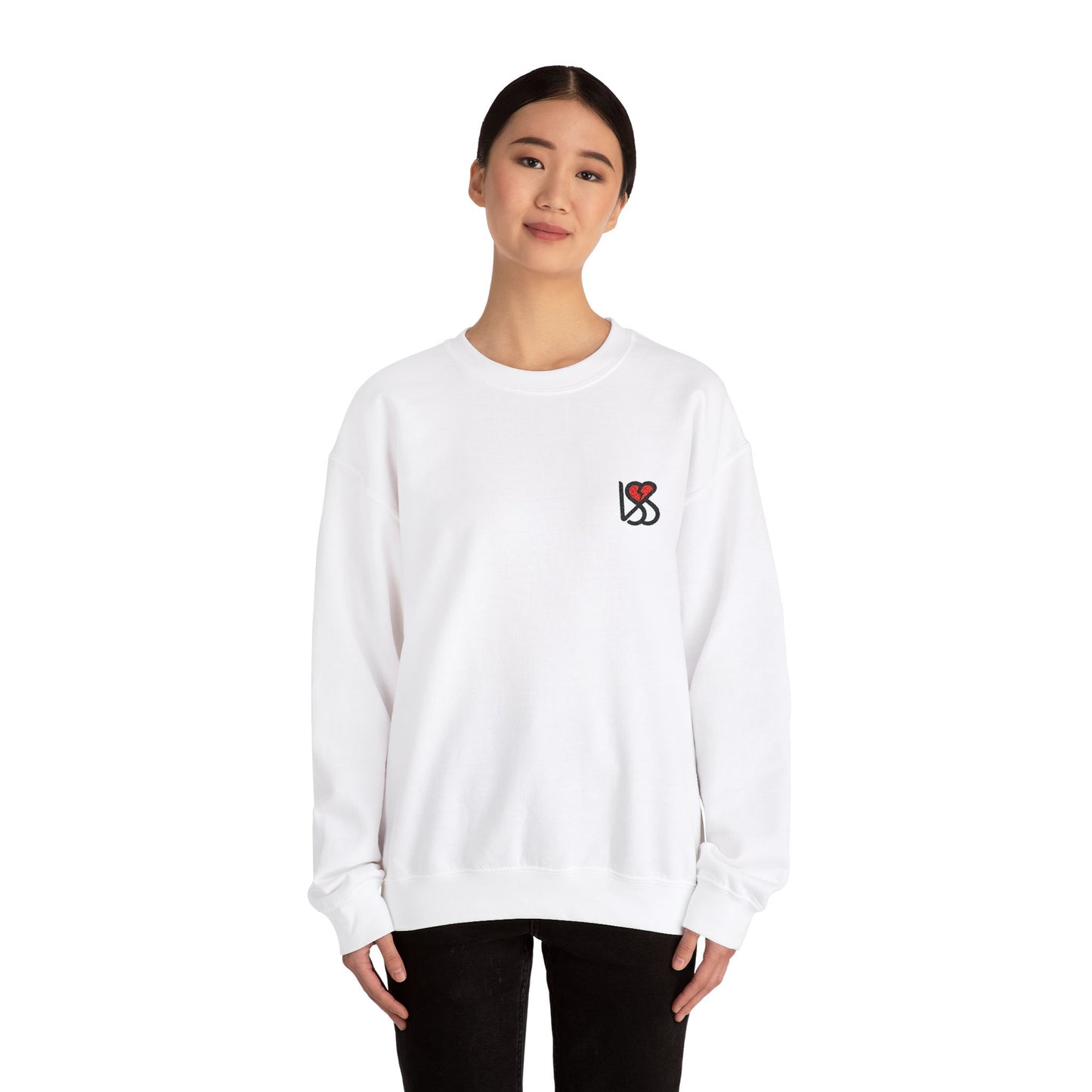 Embroidered LSS Heart Black Logo | White Unisex Heavy Blend™ Crewneck Sweatshirt